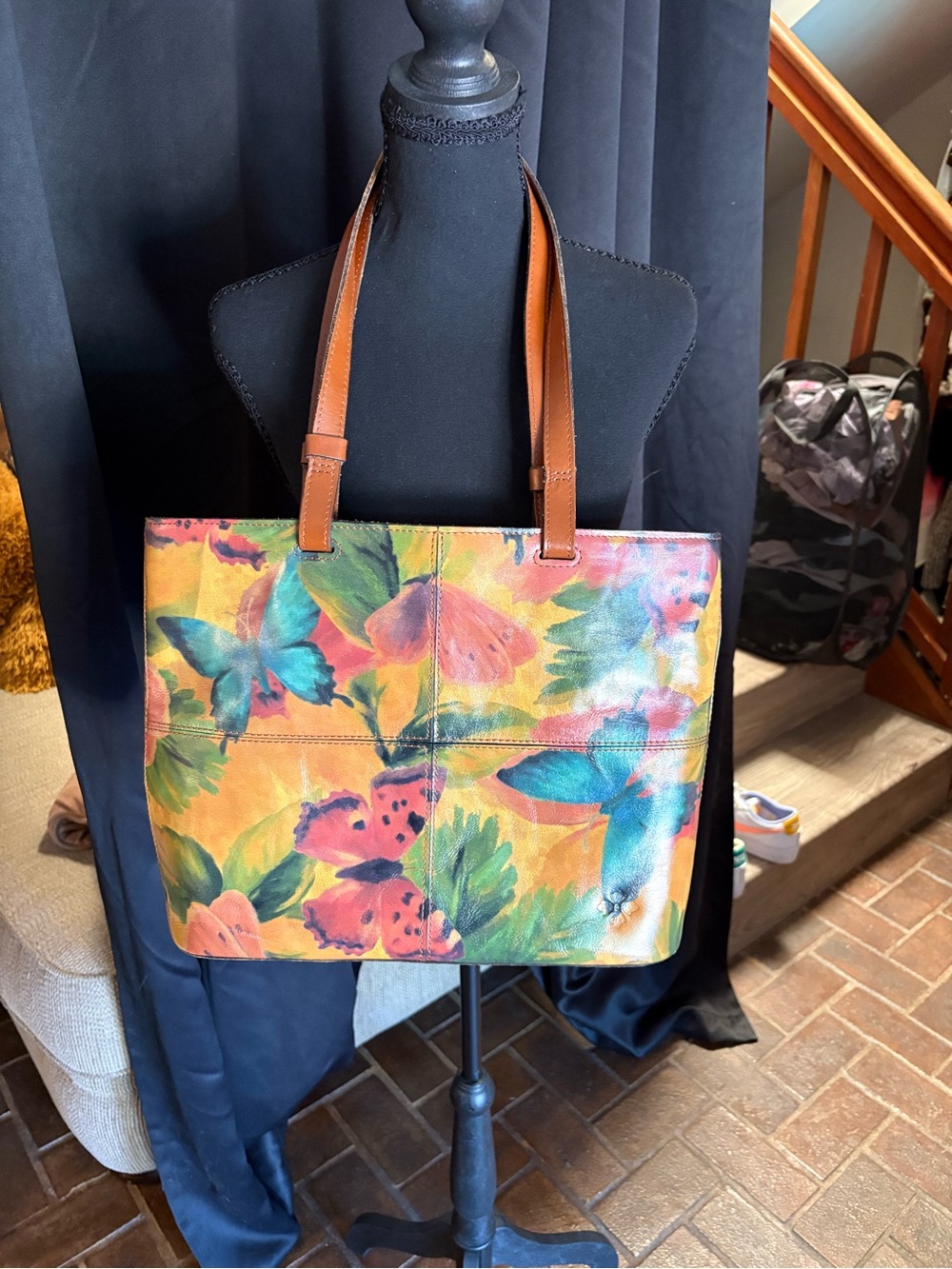 Patricia Nash Yellow Floral & Butterfly Tote with Brown Straps